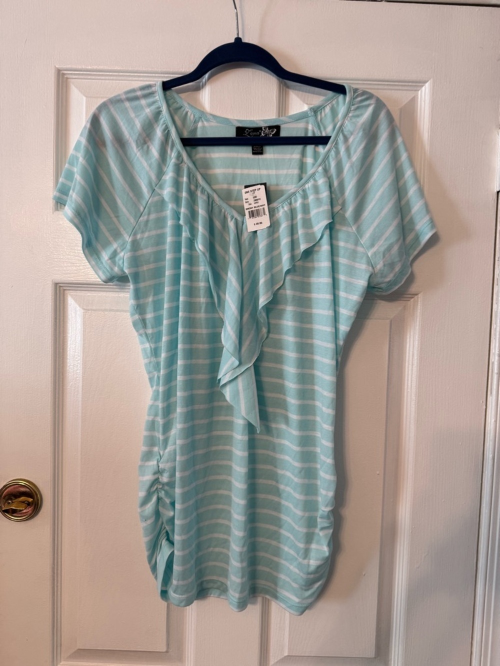 Lena Blue and White Striped Ruffle Short Sleeve Top